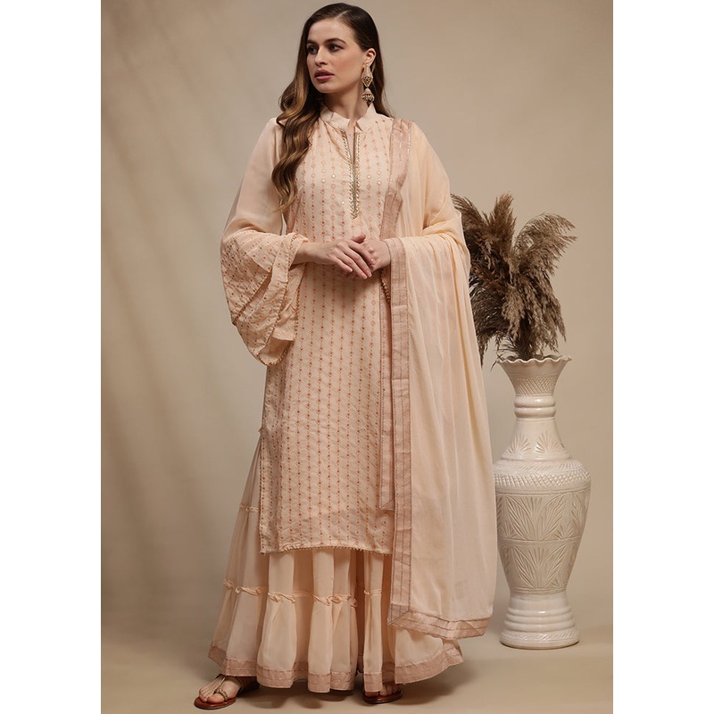 3 Pc Peach Unstitched Georgette Sequin Work Suit Set - JD986590813