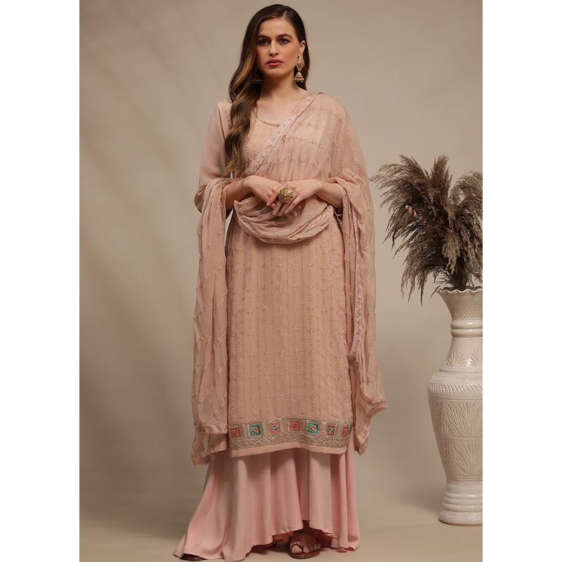 3 Pc Peach Unstitched Georgette Thread Work Suit Set - JD986590811