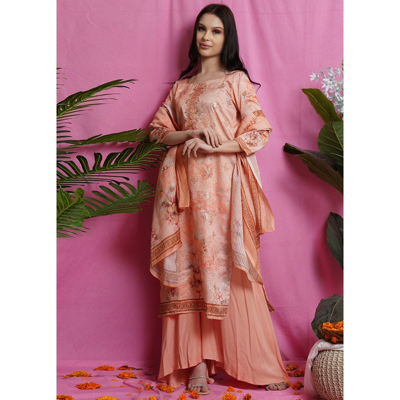 3 Pc Peach Unstitched Salwar Suit Set With Dupatta - JD986590856