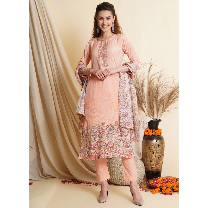 3 Pc Peach Unstitched Silk Suit Set With Dupatta - JD986590899