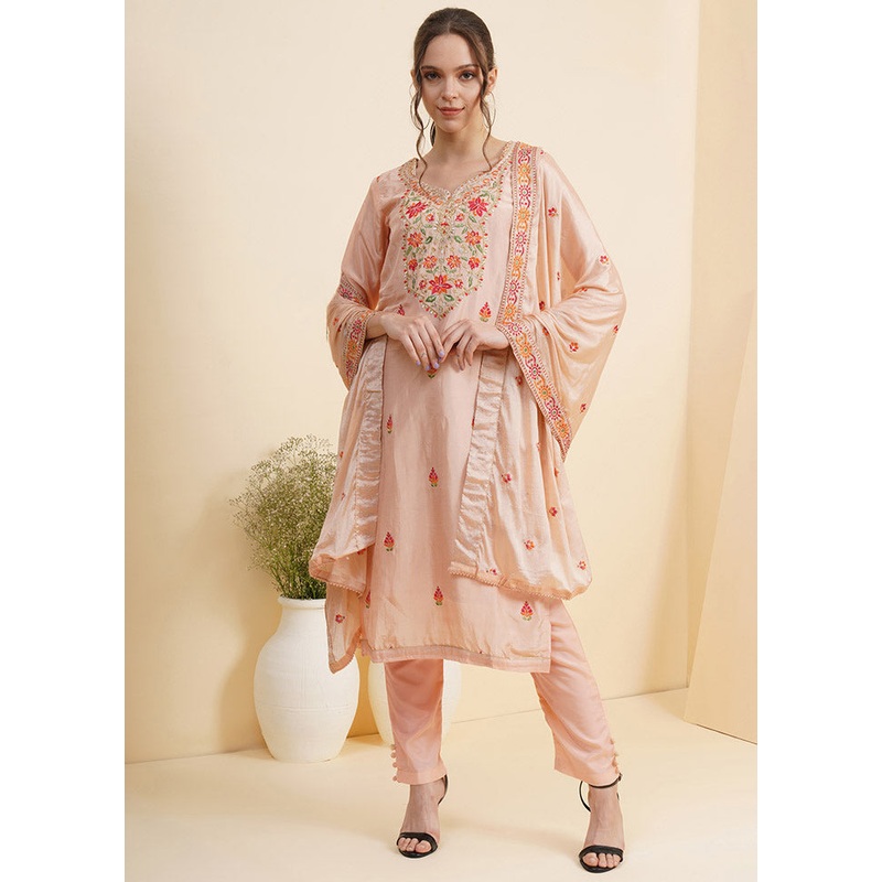 3 Pc Peach Unstitched Silk Suit Set With Dupatta - JD986590902