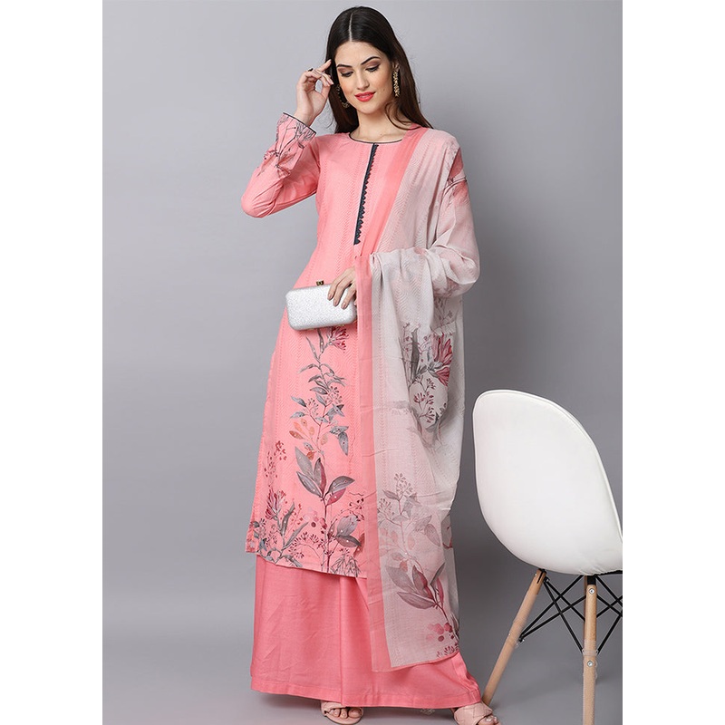 3 Pc Peach Unstitched Suit Set With Dupatta - JD986590862