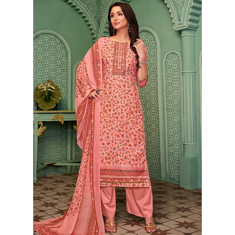 3 Pc Pink Unstitched Cotton Digital Suit Set - JD986590838
