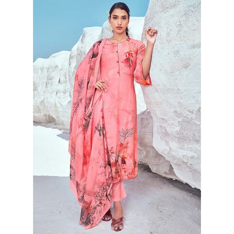 3 Pc Pink Unstitched Cotton Printed Suit Set - JD986590829