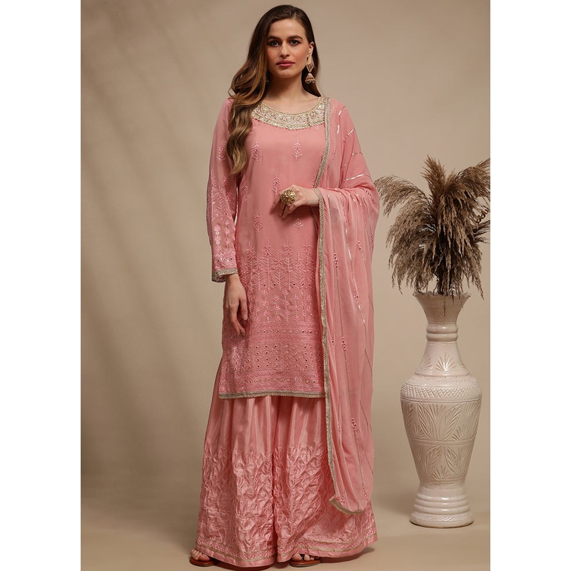 3 Pc Pink Unstitched Georgette Sequin Work Suit Set - JD986590812