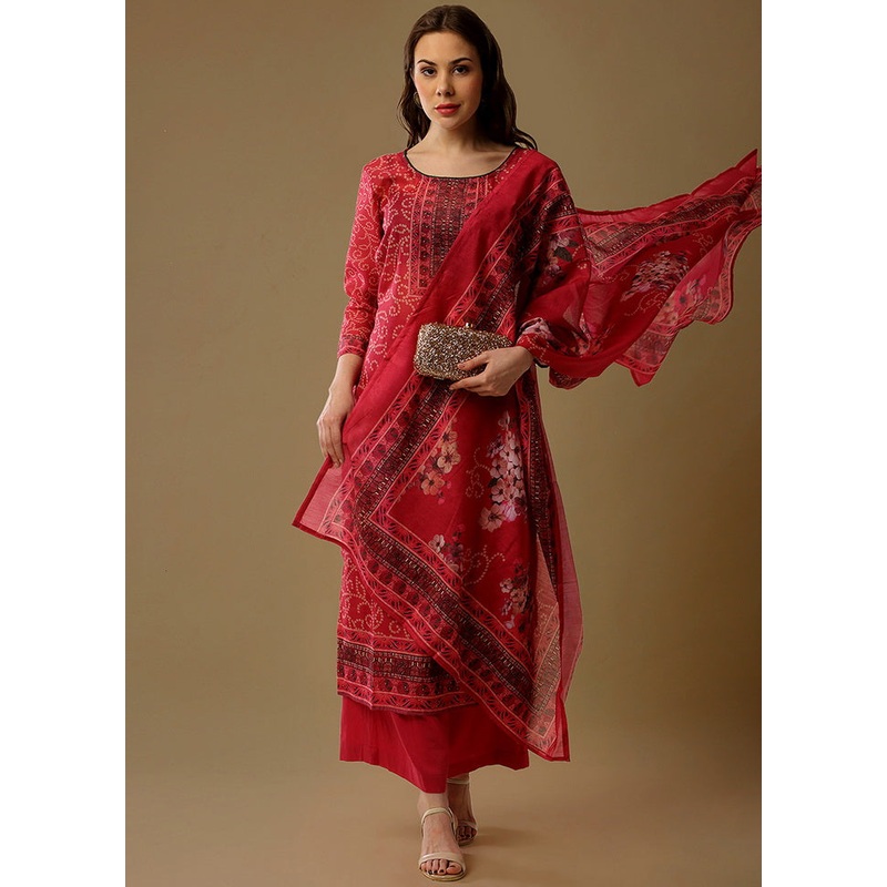 3 Pc Pink Unstitched Maheshwari Silk Suit Set - JD986590790