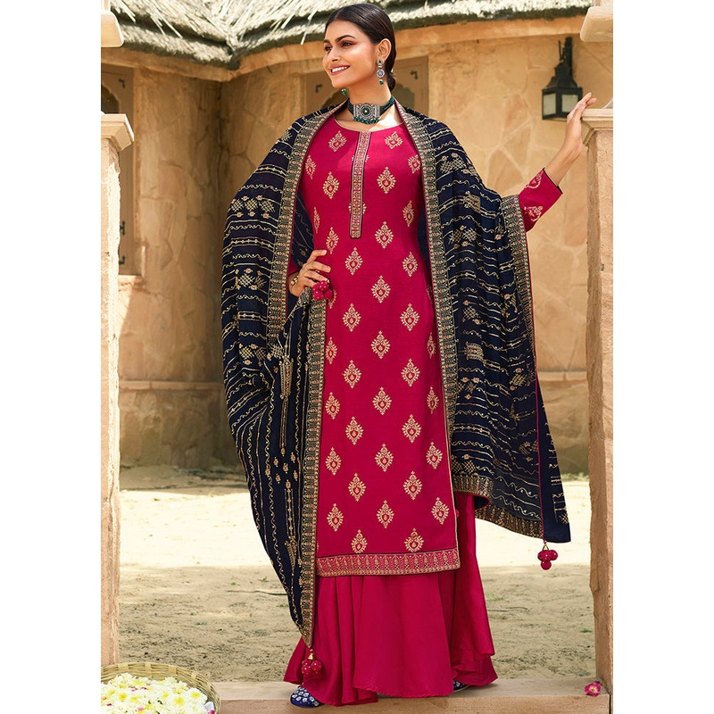 3 Pc Pink Unstitched Polyster Silk Suit Set - JD986590807