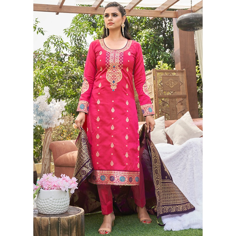 3 Pc Pink Unstitched Silk Suit Set With Dupatta - JD986590890