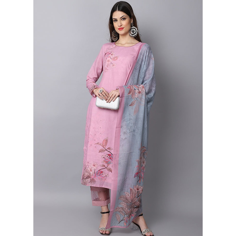 3 Pc Pink Unstitched Suit Set With Dupatta - JD986590865