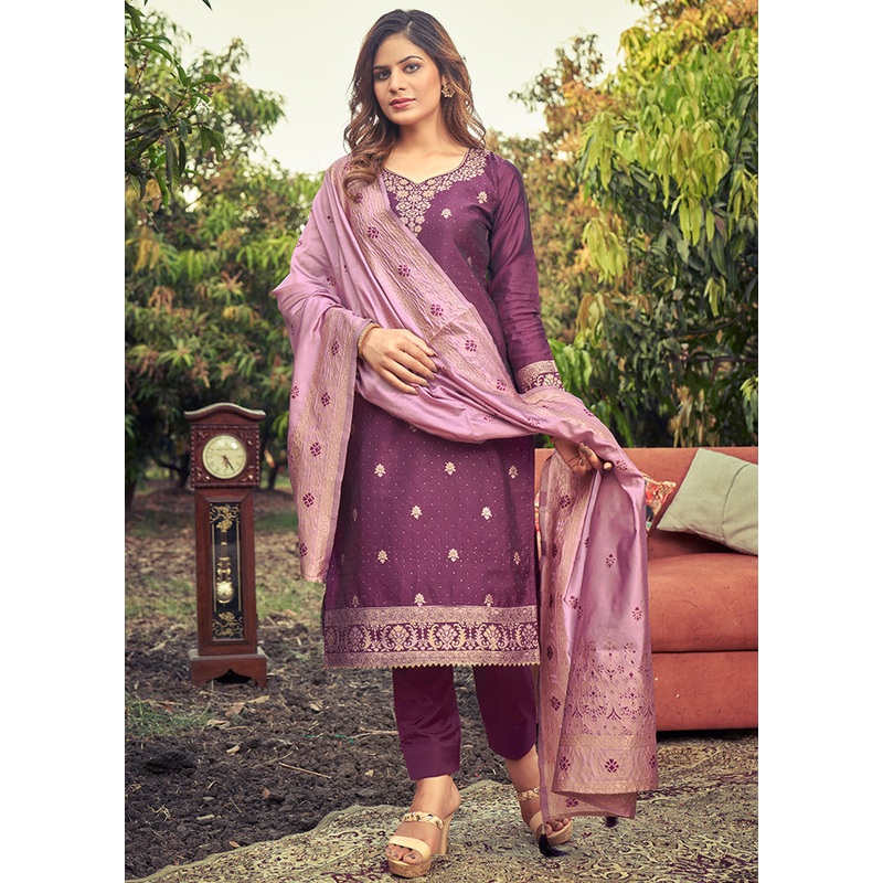 3 Pc Purple Unstitched Silk Suit Set With Dupatta - JD986590874