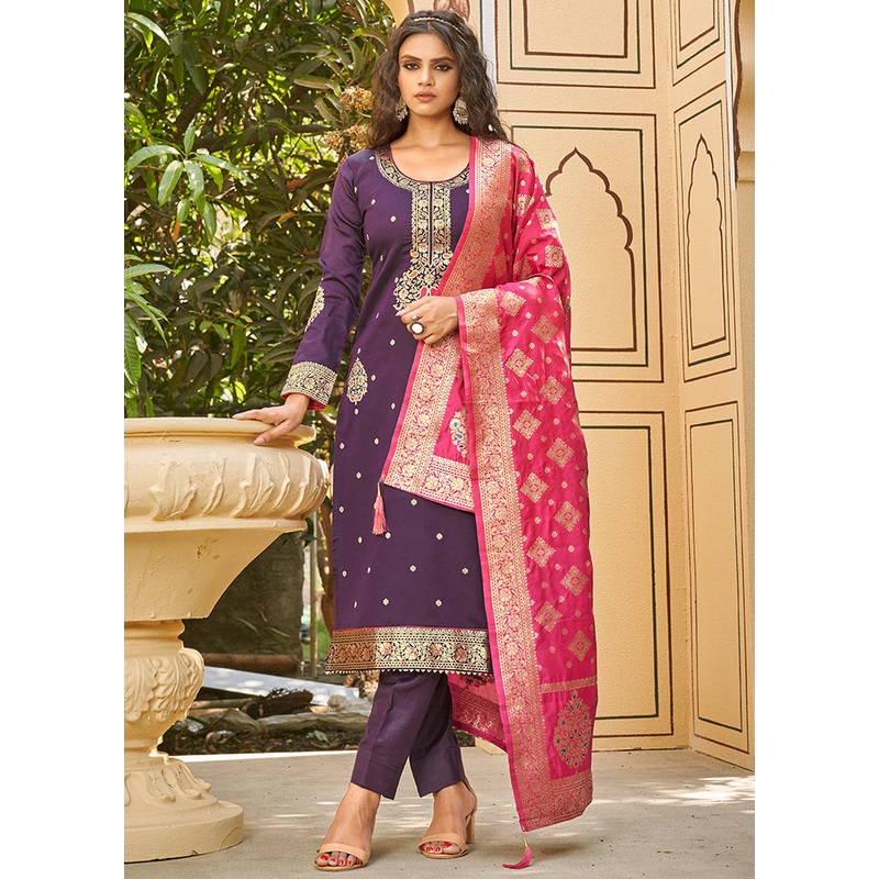 3 Pc Purple Unstitched Silk Suit Set With Dupatta - JD986590897