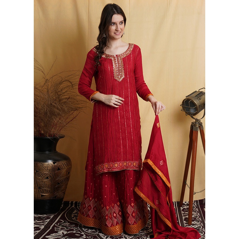3 Pc Red Chiffon Unstitched Suit Set With Dupatta - JD986590860