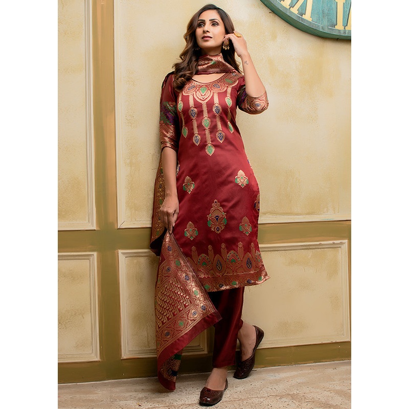 3 Pc Red Unstitched Silk Suit Set With Dupatta - JD986590870