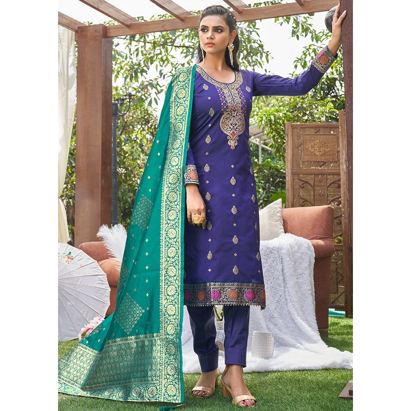 3 Pc Royal Blue Unstitched Silk Suit Set With Dupatta - JD986590893