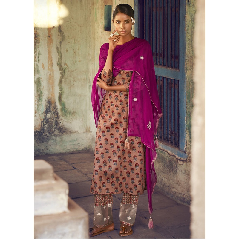 3 Pc Rust Unstitched Pure Cotton Suit Set - JD986590824