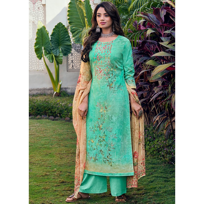 3 Pc Sea Green Unstitched Cotton Suit Set - JD986590833