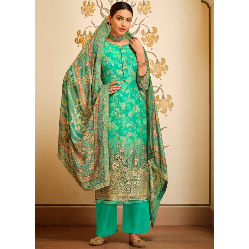 3 Pc Sea Green Unstitched Viscose Suit Set - JD986590804
