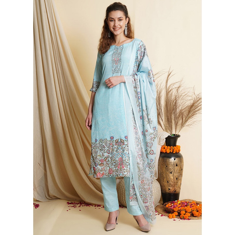 3 Pc Sky Blue Unstitched Silk Suit Set With Dupatta - JD986590898