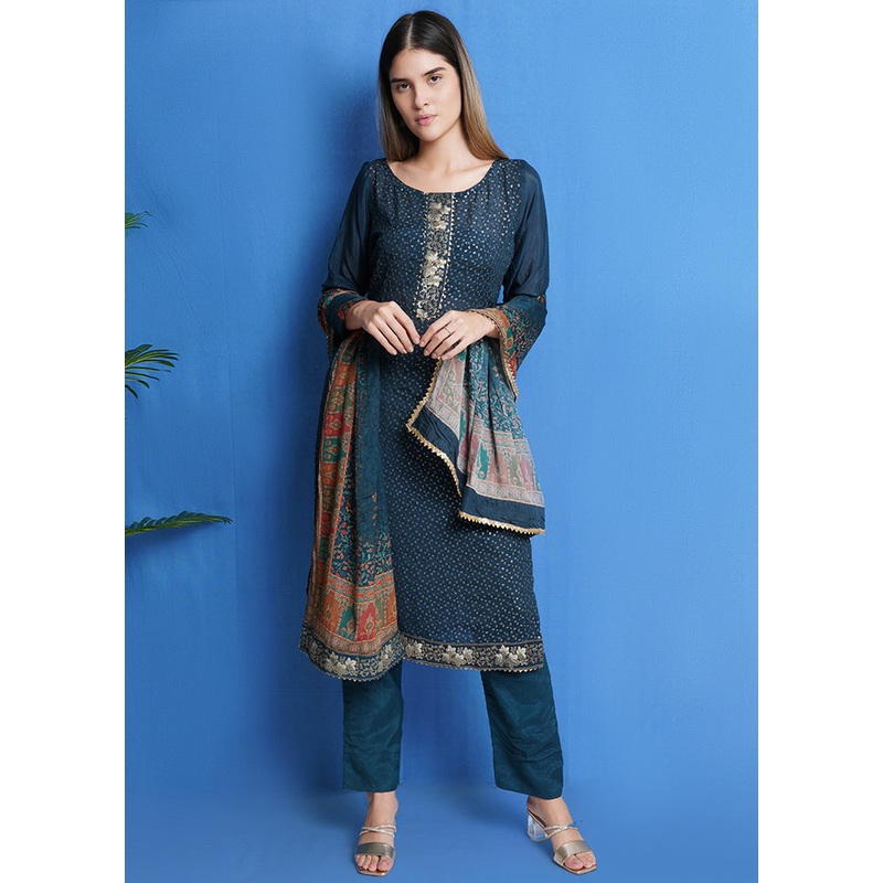 3 Pc Teal Unstitched Chinon Chiffon Suit Set - JD986590826