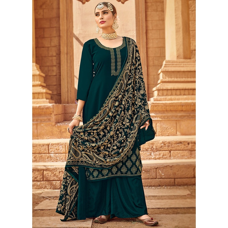 3 Pc Teal Unstitched Georgette Suit Set - JD986590803