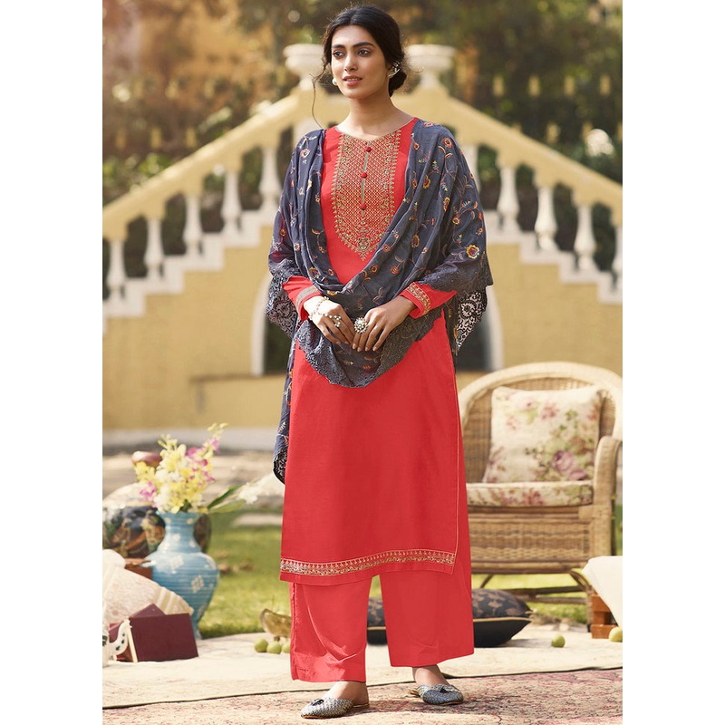 3 Pc Tussar Silk Coral Unstitched Salwar Suit - JD986590787