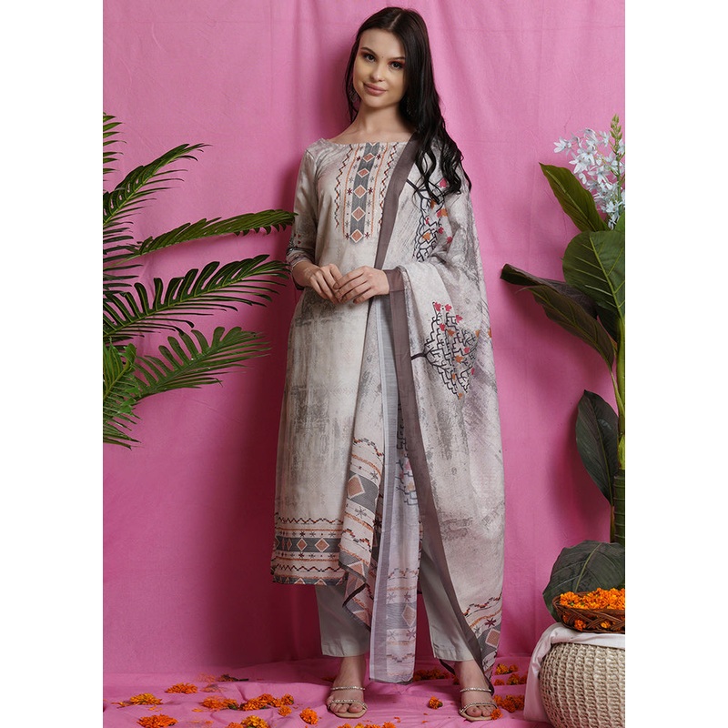 3 Pc Unstiched Beige Salwar Suit Set With Dupatta - JD986590851