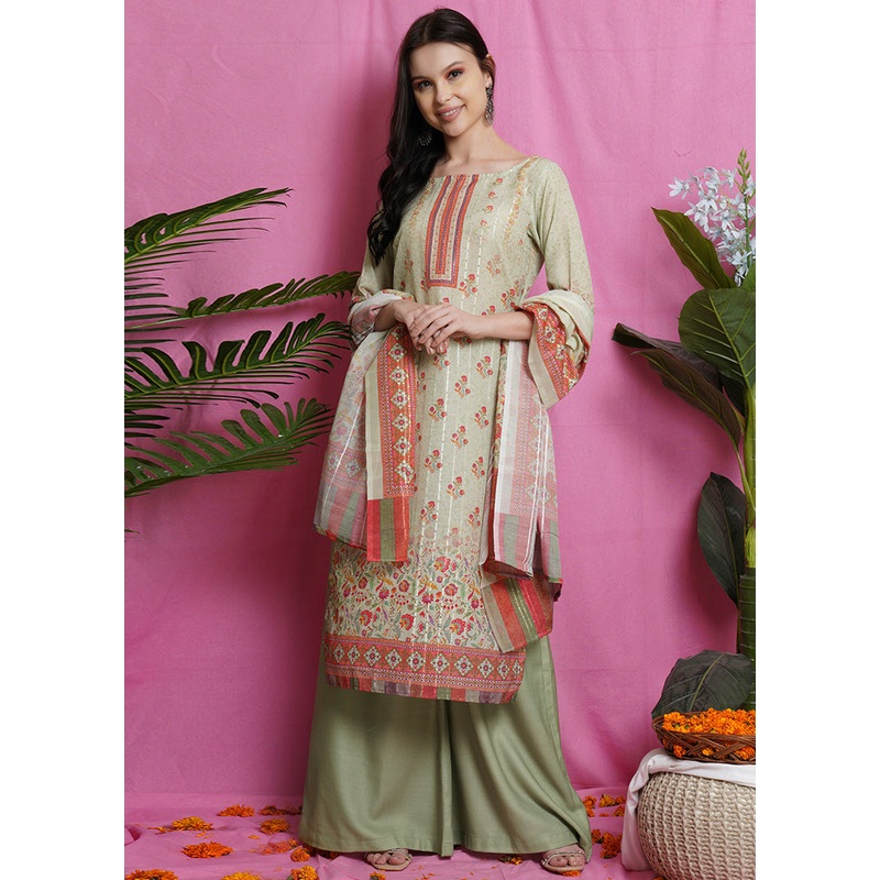 3 Pc Unstiched Green Salwar Suit Set With Dupatta - JD986590849