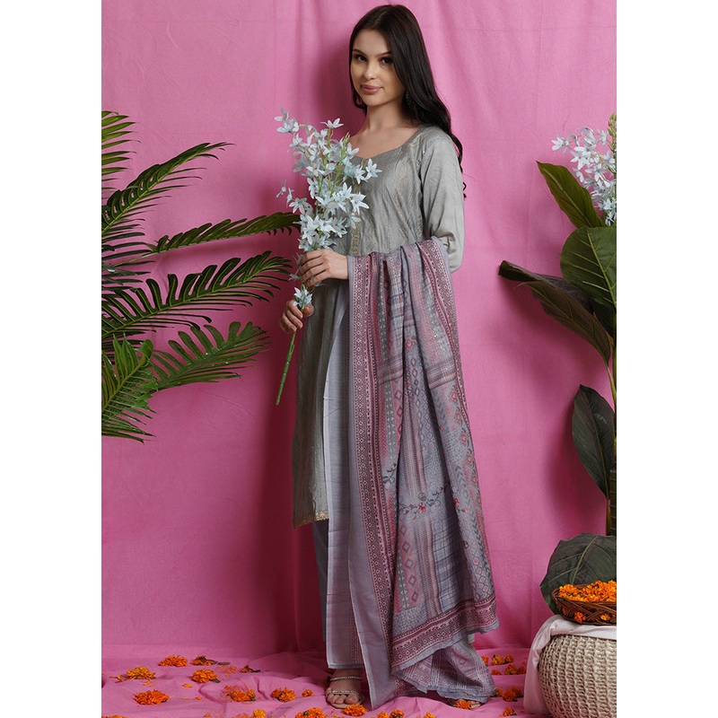 3 Pc Unstiched Grey Salwar Suit Set With Dupatta - JD986590846