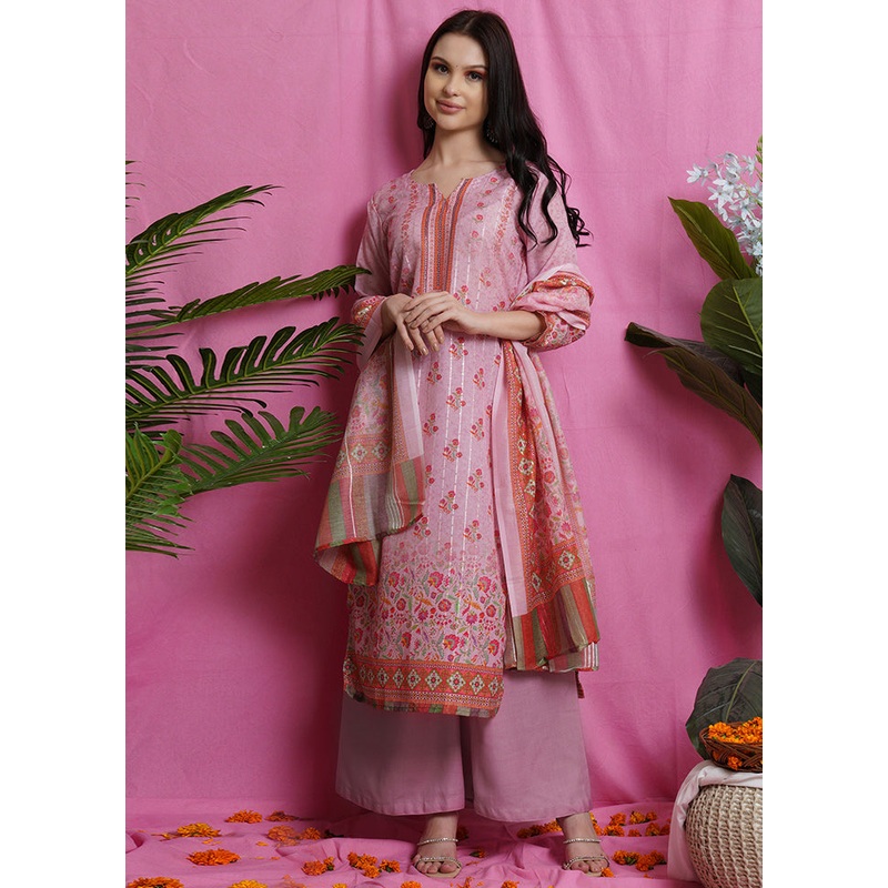 3 Pc Unstiched Pink Salwar Suit Set With Dupatta - JD986590850