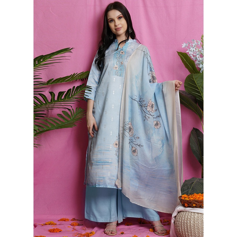 3 Pc Unstiched Sky Blue Salwar Suit Set With Dupatta - JD986590852