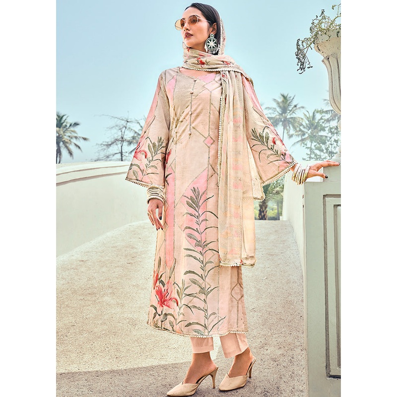 3 Pc Unstitched Cream Cotton Salwar Suit - JD986590842