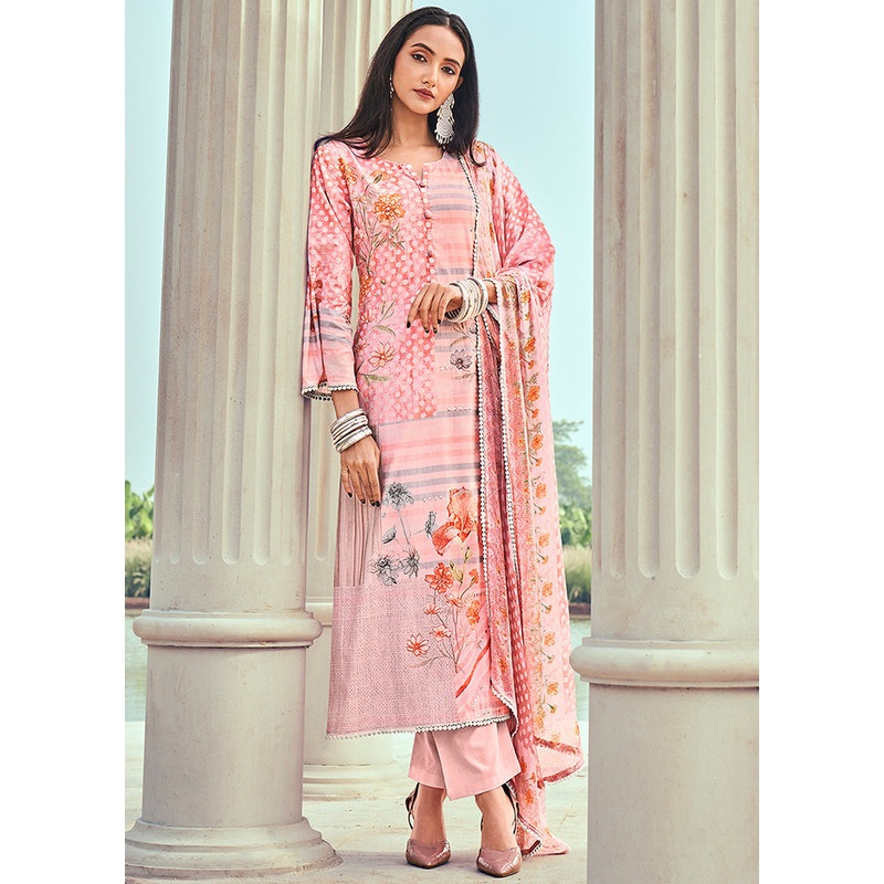 3 Pc Unstitched Pink Cotton Salwar Suit - JD986590839