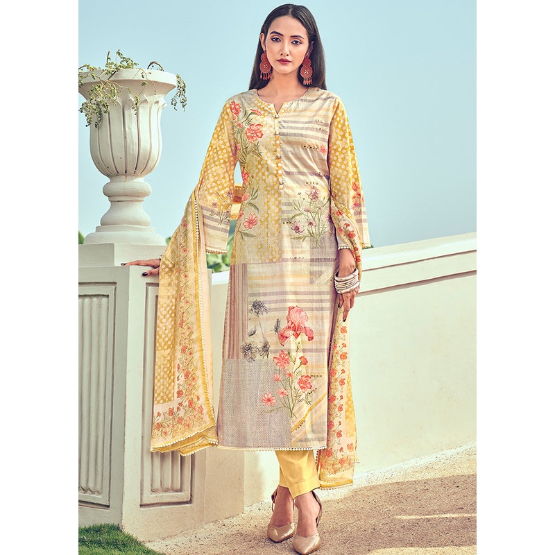 3 Pc Unstitched Yellow Cotton Salwar Suit - JD986590840