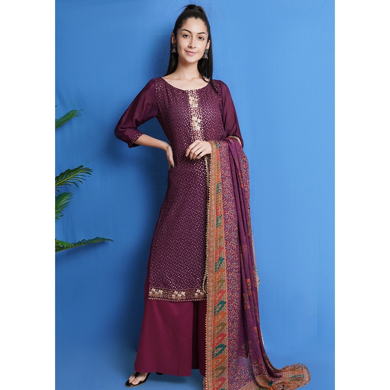 3 Pc Wine Unstitched Chinon Chiffon Suit Set - JD986590827