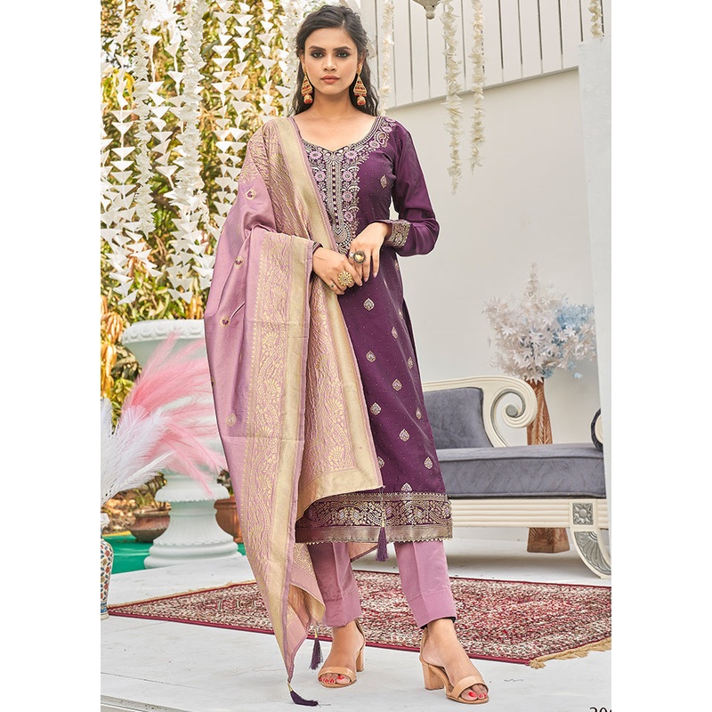 3 Pc Wine Unstitched Silk Suit Set With Dupatta - JD986590881