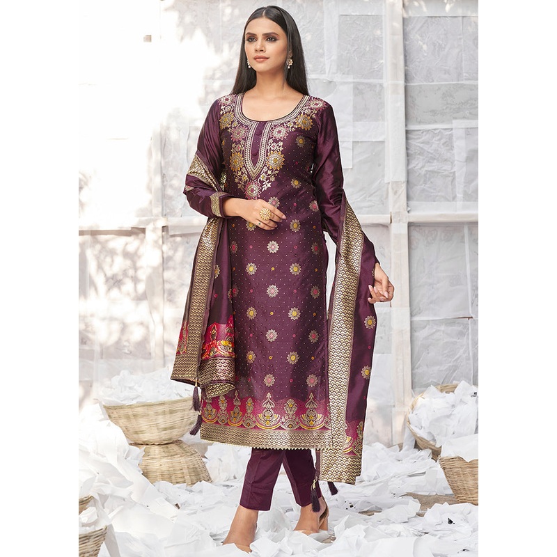 3 Pc Wine Unstitched Silk Suit Set With Dupatta - JD986590882
