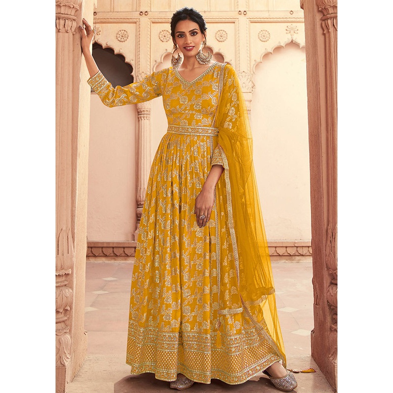 3 Pc Yellow Semi Stitched Silk Suit Set - JD986590751