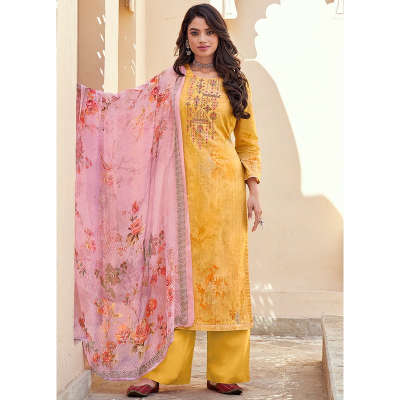 3 Pc Yellow Unstitched Cotton Suit Set - JD986590836