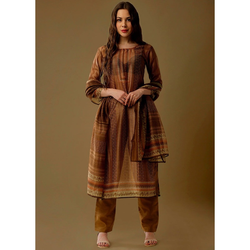 3 Pc Yellow Unstitched Maheshwari Silk Suit Set - JD986590793