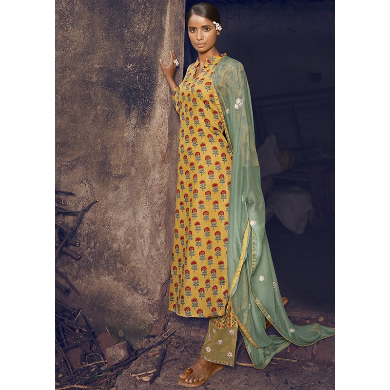 3 Pc Yellow Unstitched Pure Cotton Suit Set - JD986590819