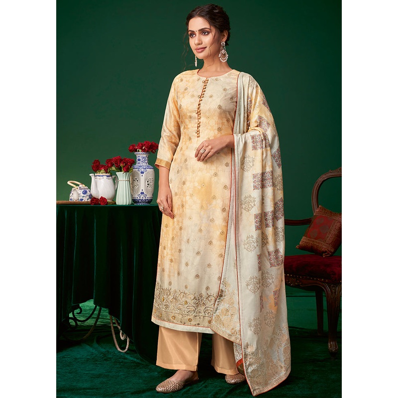 3 Pc Yellow Unstitched Silk Suit Set - JD986590800
