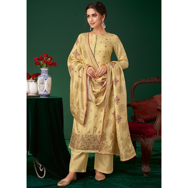 3 Pc Yellow Unstitched Silk Suit Set - JD986590802