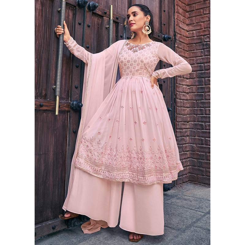 3 Pc Baby Pink Readymade Georgette Sharara Suit Set - JD986590619