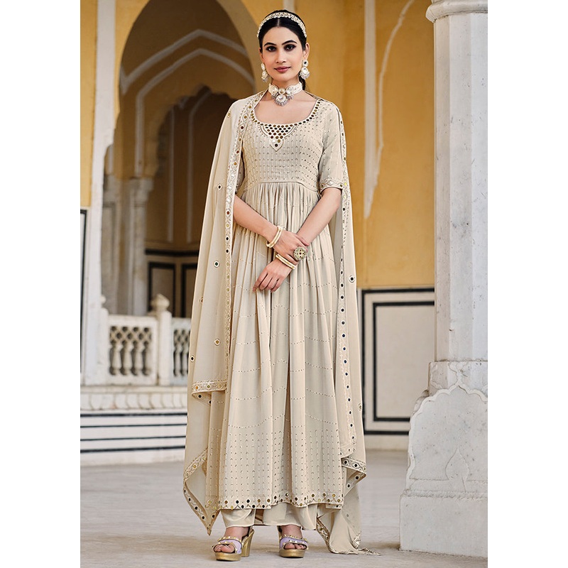 3 Pc Beige Semi Stitched Georgette Suit Set - JD986590553
