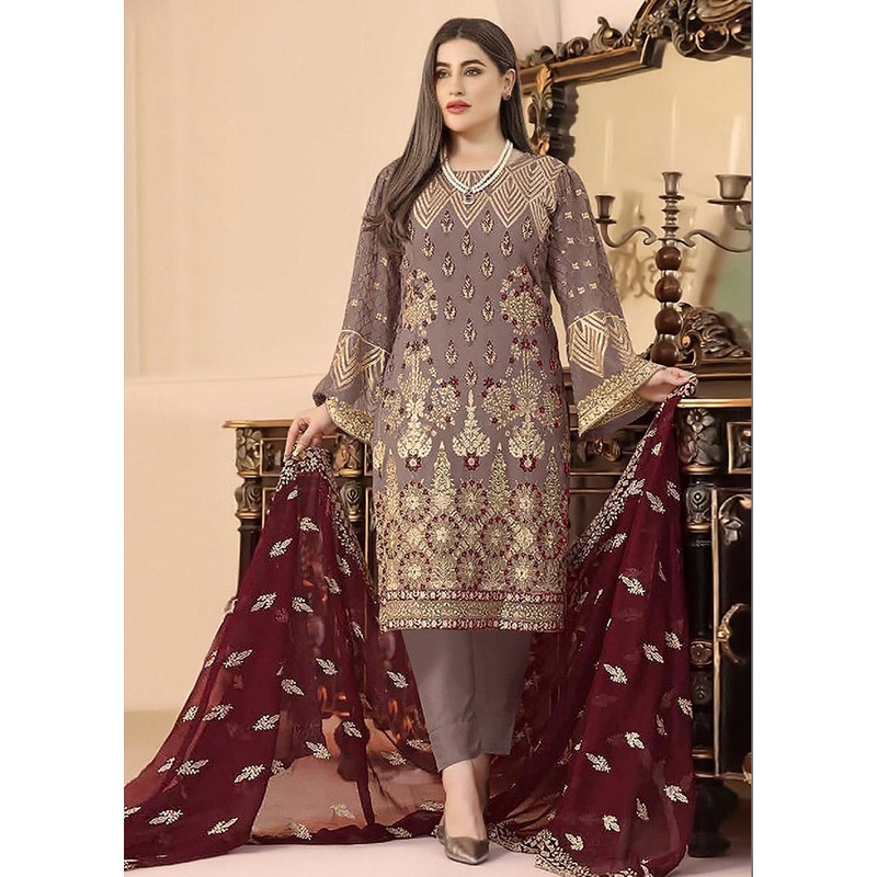 3 Pc Beige Semi Stitched Georgette Suit Set - JD986590640