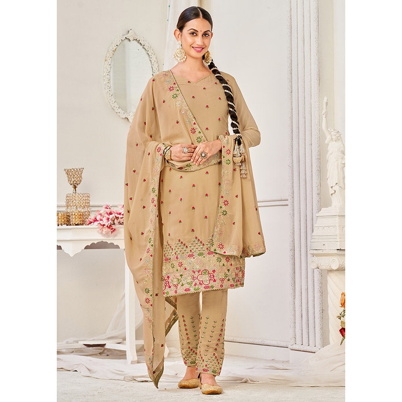 3 Pc Beige Semi Stitched Georgette Suit Set - JD986590672