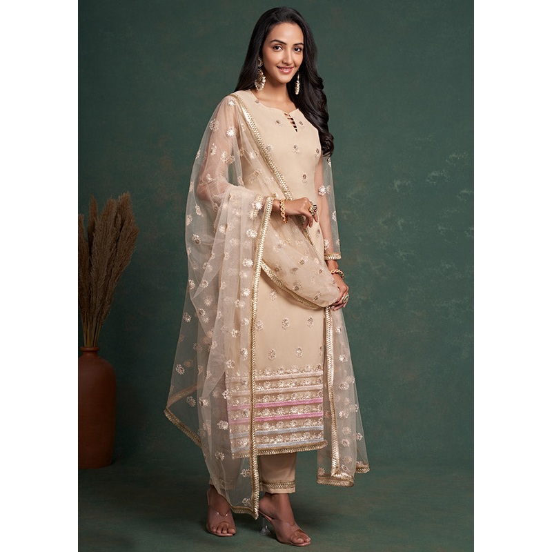 3 Pc Beige Semi Stitched Net Suit Set - JD986590691