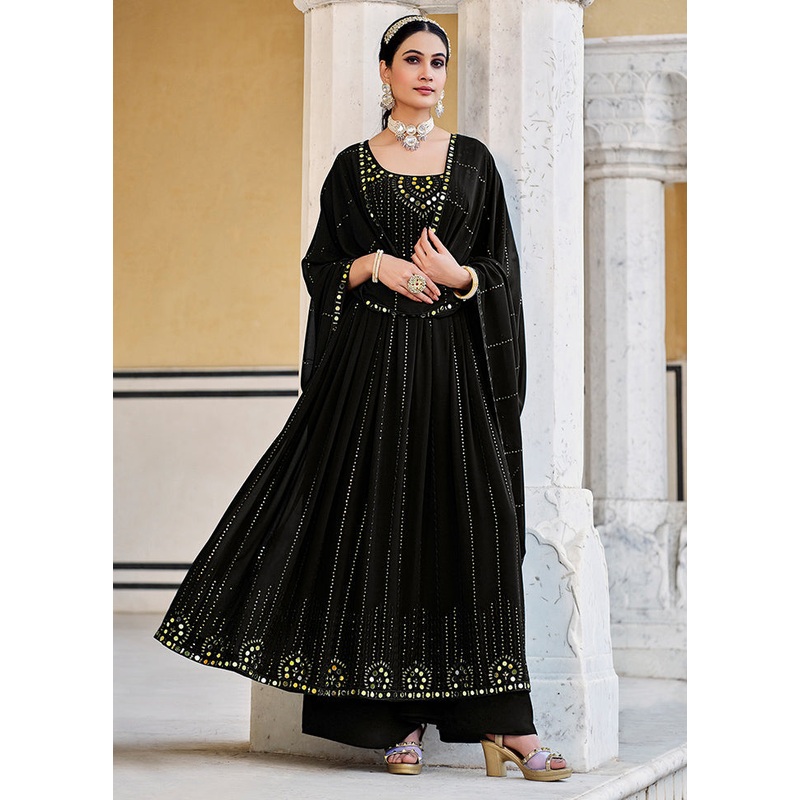 3 Pc Black Georgette Semi Stitched Suit Set - JD986590574