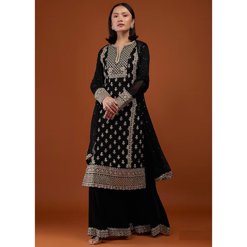 3 Pc Black Georgette Suit Set With Dupatta - JD986590542