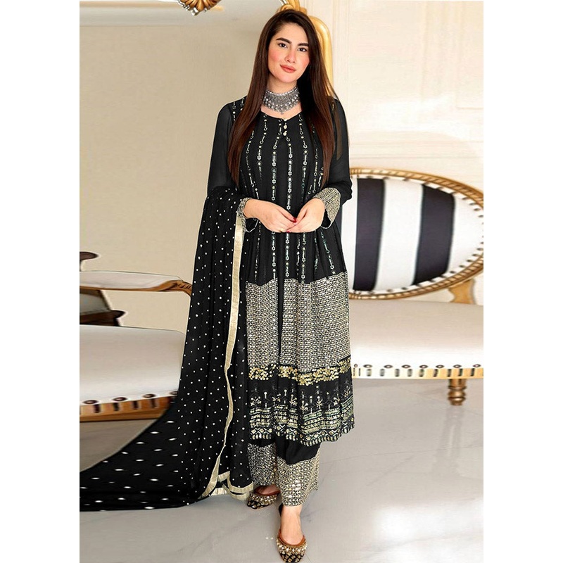 3 Pc Black Semi Stitched Georgette Suit Set - JD986590620